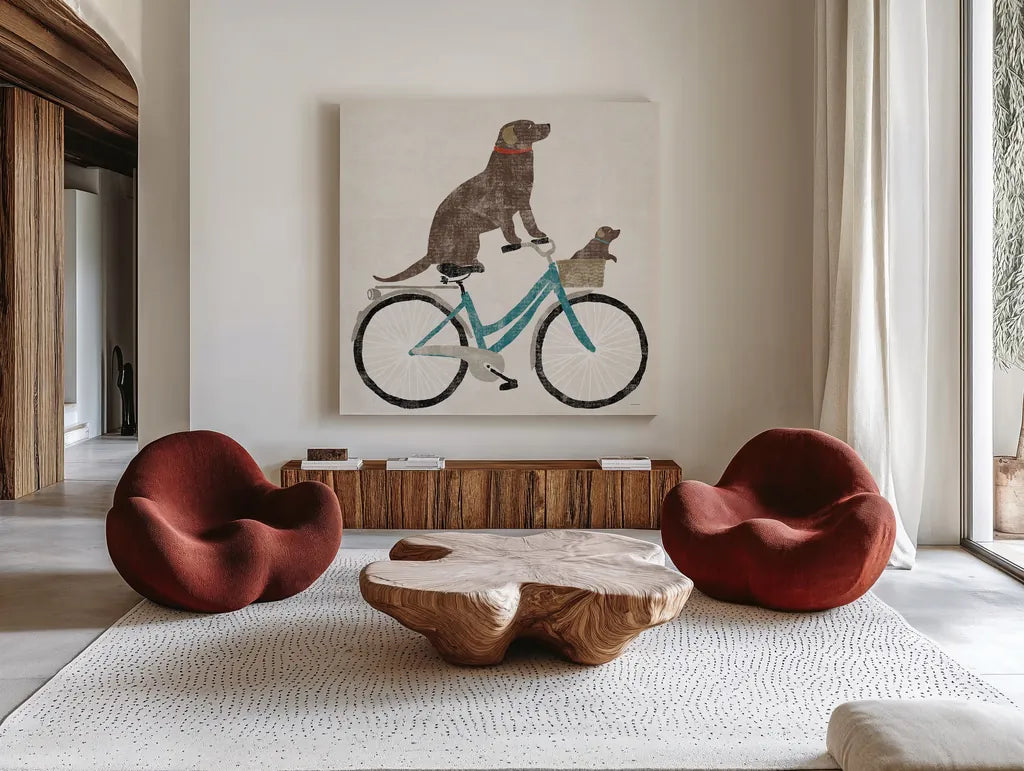 Lab Ride by Sue Schlabach. Shown as extra-large giant wall art in a modern living room. Available as an archival giclee rolled canvas, fine art paper, or poster print. SKU 66044a.
