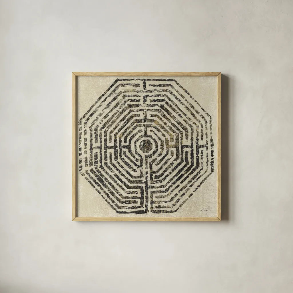 Labyrinth by Sue Schlabach. Shown in a natural wood glass frame for a timeless modern aesthetic. Available as an archival giclee rolled canvas, fine art paper, or poster print. SKU 50358a.
