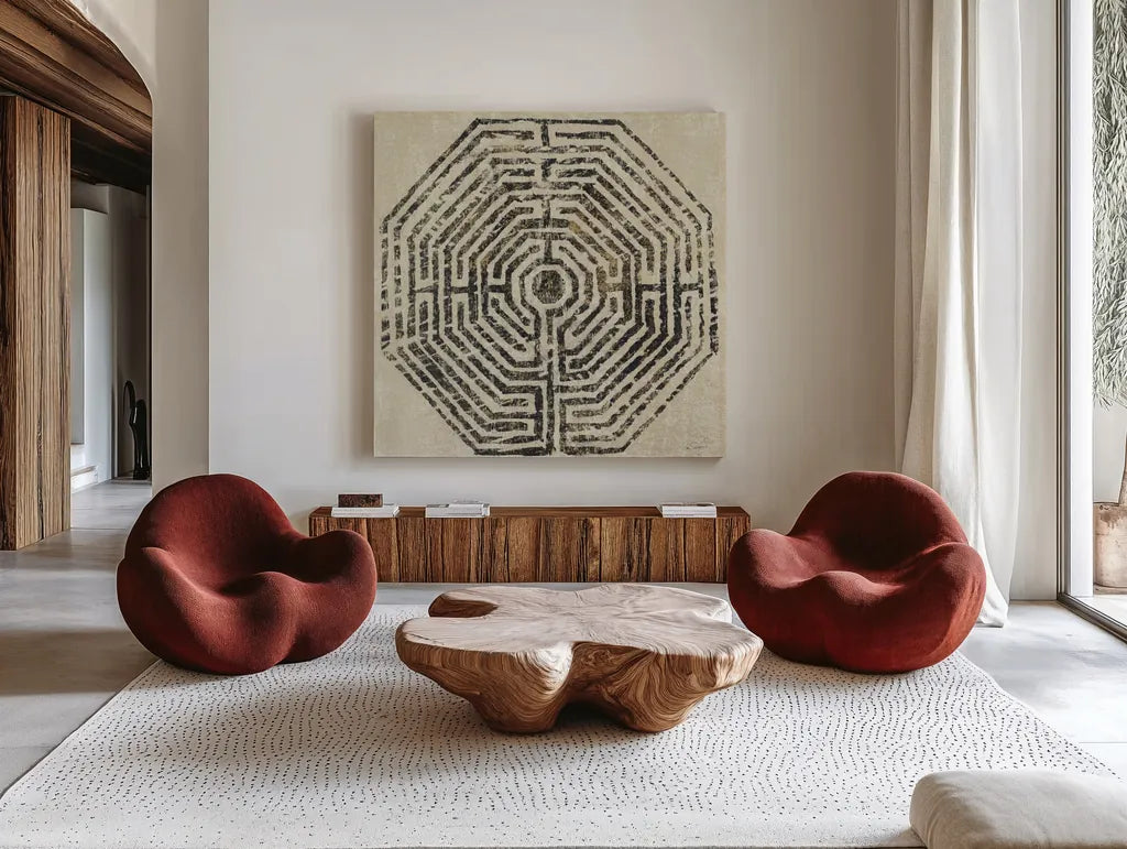 Labyrinth by Sue Schlabach. Shown as extra-large giant wall art in a modern living room. Available as an archival giclee rolled canvas, fine art paper, or poster print. SKU 50358a.