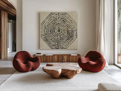 Labyrinth by Sue Schlabach. Shown as extra-large giant wall art in a modern living room. Available as an archival giclee rolled canvas, fine art paper, or poster print. SKU 50358a.