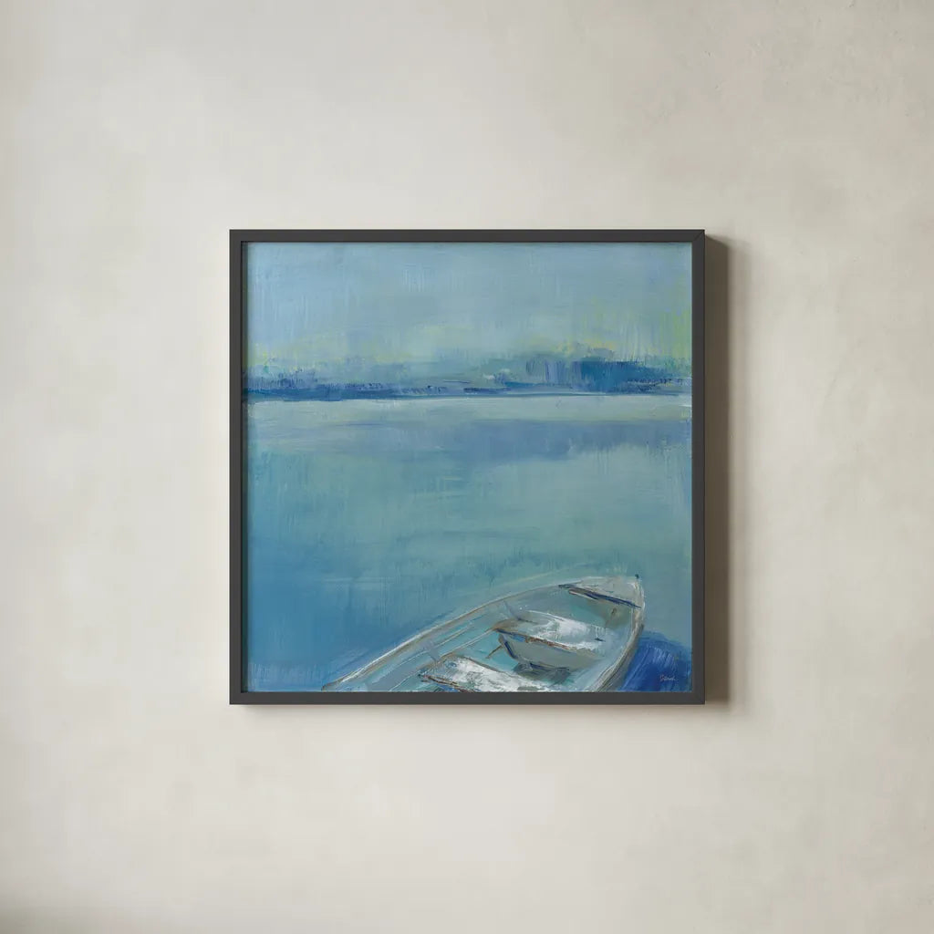 Lake Edge I by Sue Schlabach. Shown in a sleek black glass frame for a contemporary gallery look. Available as an archival giclee rolled canvas, fine art paper, or poster print. SKU 38751a.