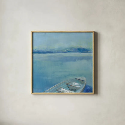 Lake Edge I by Sue Schlabach. Shown in a natural wood glass frame for a timeless modern aesthetic. Available as an archival giclee rolled canvas, fine art paper, or poster print. SKU 38751a.