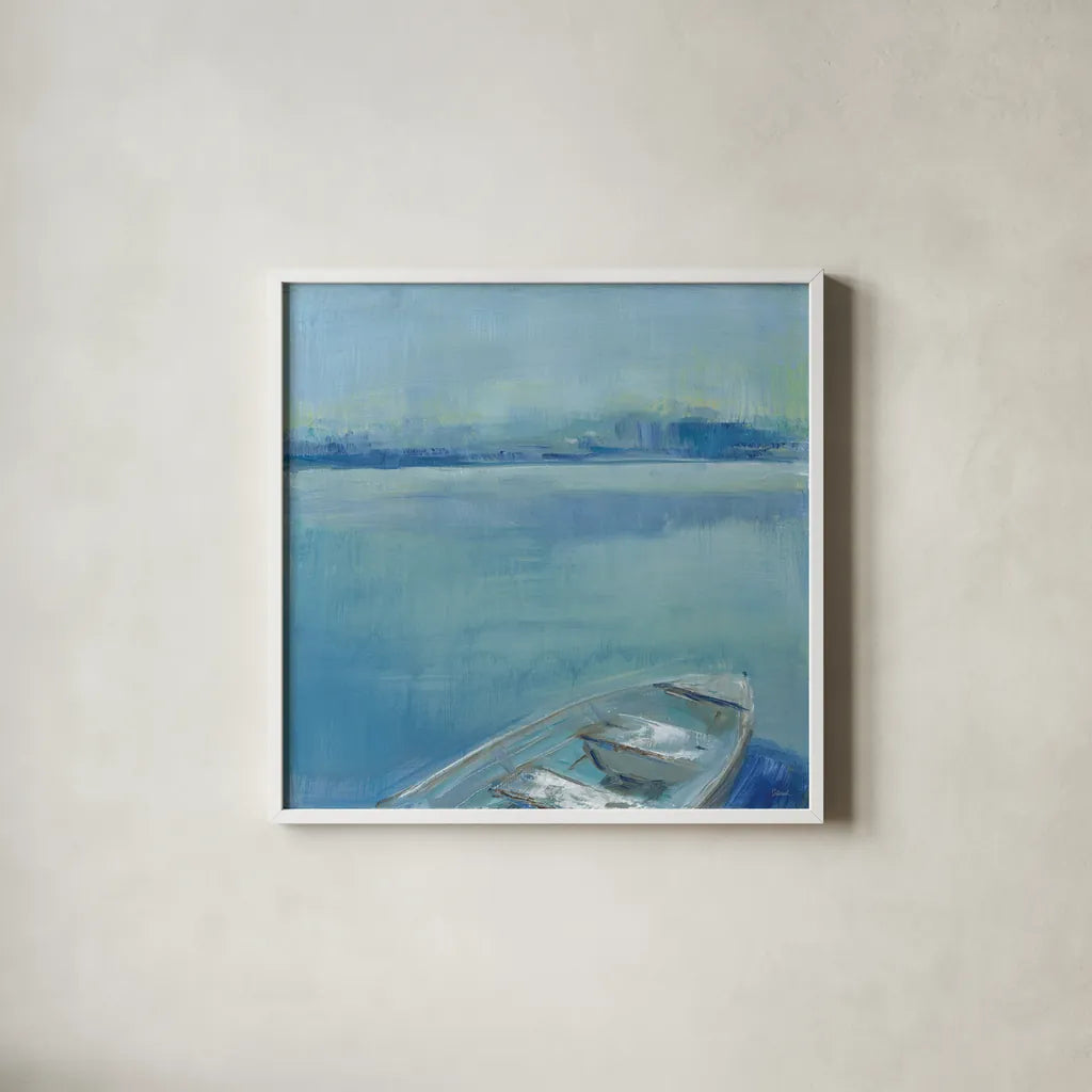 Lake Edge I by Sue Schlabach. Shown in a crisp white glass frame for a clean and minimalist style. Available as an archival giclee rolled canvas, fine art paper, or poster print. SKU 38751a.