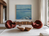 Lake Edge I by Sue Schlabach. Shown as extra-large giant wall art in a modern living room. Available as an archival giclee rolled canvas, fine art paper, or poster print. SKU 38751a.