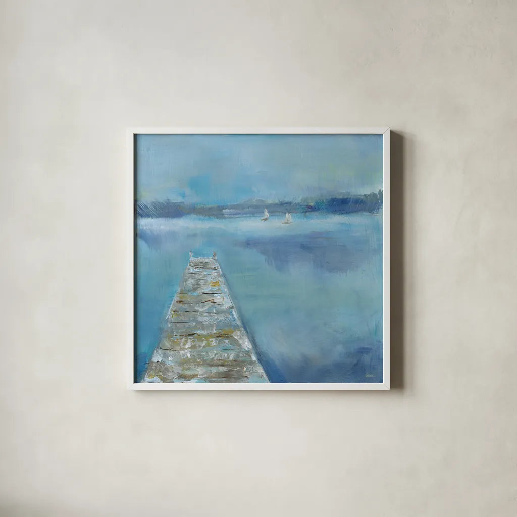 Lake Edge II by Sue Schlabach. Shown in a crisp white glass frame for a clean and minimalist style. Available as an archival giclee rolled canvas, fine art paper, or poster print. SKU 38752a.