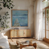 Lake Edge II by Sue Schlabach. Shown in a natural wood frame in a cozy modern living room. Available as an archival giclee rolled canvas, fine art paper, or poster print. SKU 38752a.