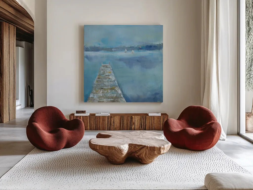 Lake Edge II by Sue Schlabach. Shown as extra-large giant wall art in a modern living room. Available as an archival giclee rolled canvas, fine art paper, or poster print. SKU 38752a.