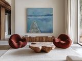 Lake Edge II by Sue Schlabach. Shown as extra-large giant wall art in a modern living room. Available as an archival giclee rolled canvas, fine art paper, or poster print. SKU 38752a.