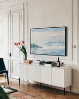 Lake Fog by Sue Schlabach. shown as a framed stretched canvas in a living room above a console. Available as a archival giclee rolled canvas, fine art paper, or poster print. SKU 65698i.