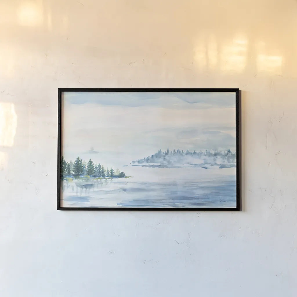 Lake Fog by Sue Schlabach. shown as a paper print in a black flame. Available as a archival giclee rolled canvas, fine art paper, or poster print. SKU 65698i.