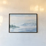 Lake Fog by Sue Schlabach. shown as a paper print in a black flame. Available as a archival giclee rolled canvas, fine art paper, or poster print. SKU 65698i.