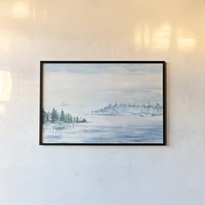 Lake Fog by Sue Schlabach. shown as a paper print in a black flame. Available as a archival giclee rolled canvas, fine art paper, or poster print. SKU 65698i.