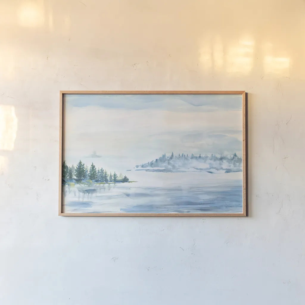 Lake Fog by Sue Schlabach. shown as a paper print in a natural frame. Available as a archival giclee rolled canvas, fine art paper, or poster print. SKU 65698i.