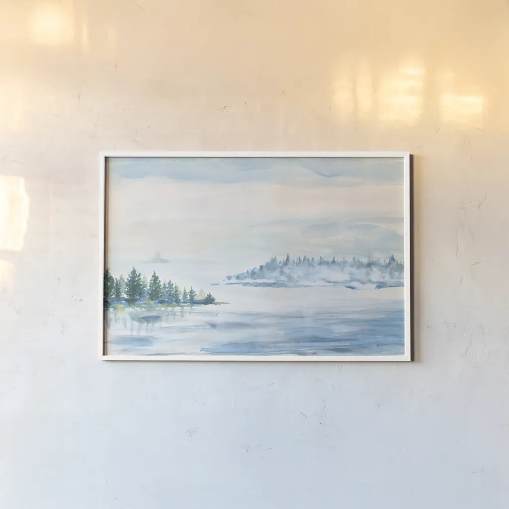 Lake Fog by Sue Schlabach. shown as a paper print in a white frame. Available as a archival giclee rolled canvas, fine art paper, or poster print. SKU 65698i.