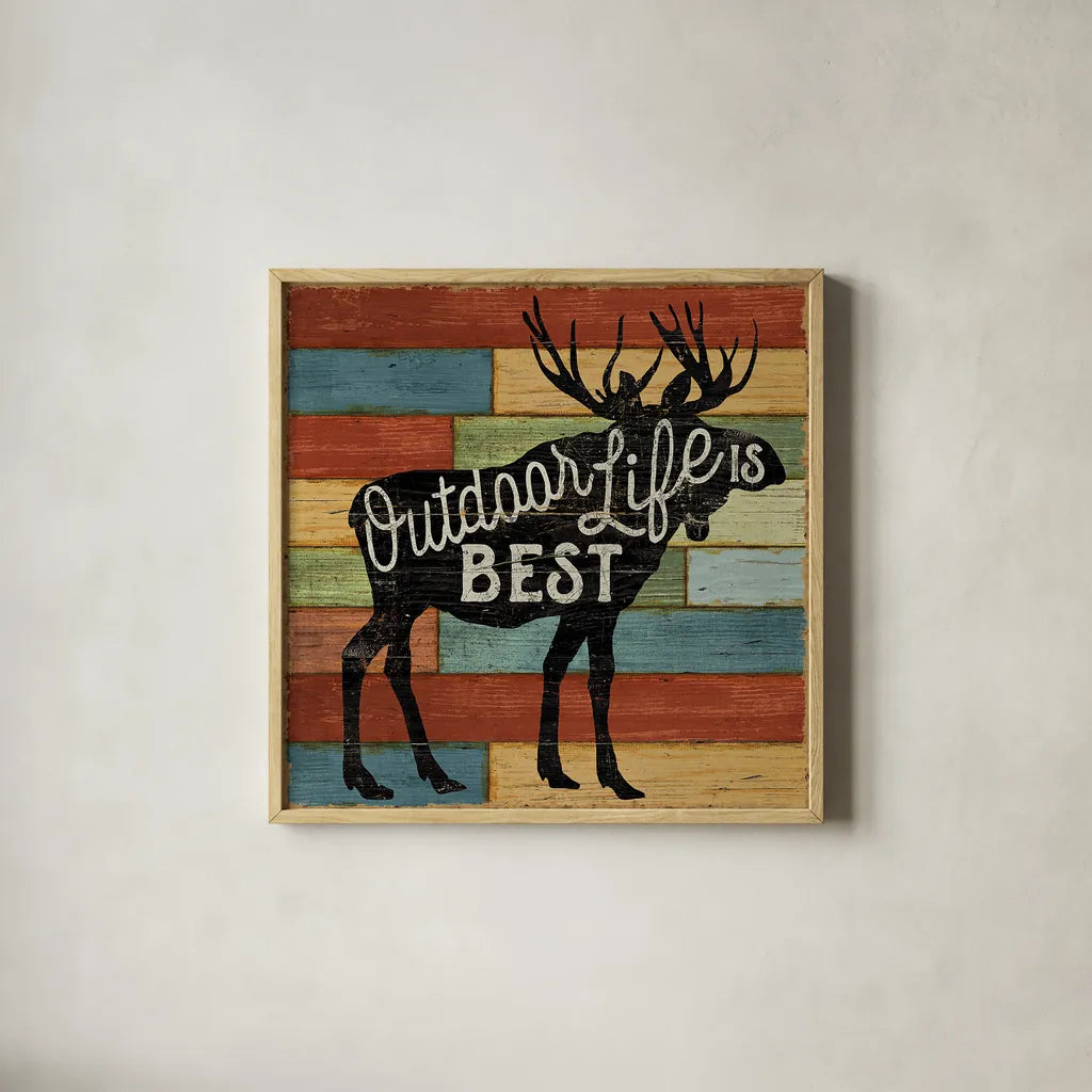 Lake Lodge I by Sue Schlabach. Shown in a natural wood glass frame for a timeless modern aesthetic. Available as an archival giclee rolled canvas, fine art paper, or poster print. SKU 22264a.