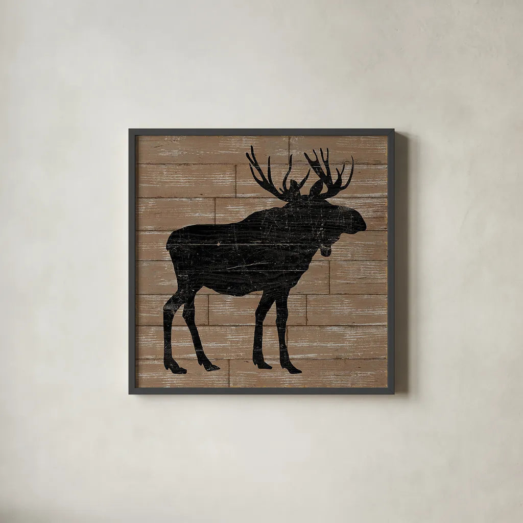 Lake Lodge I Brown no Words by Sue Schlabach. Shown in a sleek black glass frame for a contemporary gallery look. Available as an archival giclee rolled canvas, fine art paper, or poster print. SKU 27721a.