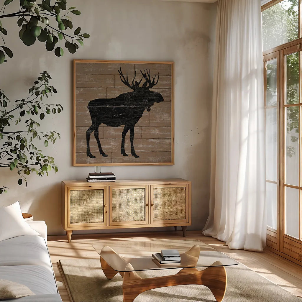 Lake Lodge I Brown no Words by Sue Schlabach. Shown in a natural wood frame in a cozy modern living room. Available as an archival giclee rolled canvas, fine art paper, or poster print. SKU 27721a.