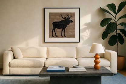 Lake Lodge I Brown no Words by Sue Schlabach. Displayed in a glass frame with matte in a clean modern living room. Available as an archival giclee rolled canvas, fine art paper, or poster print. SKU 27721a.