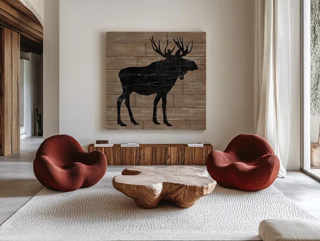 Lake Lodge I Brown no Words by Sue Schlabach. Shown as extra-large giant wall art in a modern living room. Available as an archival giclee rolled canvas, fine art paper, or poster print. SKU 27721a.