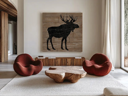 Lake Lodge I Brown no Words by Sue Schlabach. Shown as extra-large giant wall art in a modern living room. Available as an archival giclee rolled canvas, fine art paper, or poster print. SKU 27721a.