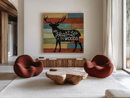 Lake Lodge II by Sue Schlabach. Shown as extra-large giant wall art in a modern living room. Available as an archival giclee rolled canvas, fine art paper, or poster print. SKU 22265a.