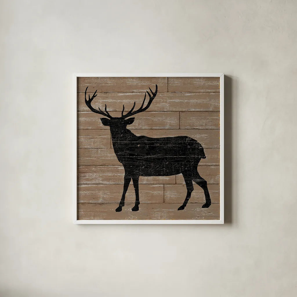 Lake Lodge II Brown no Words by Sue Schlabach. Shown in a crisp white glass frame for a clean and minimalist style. Available as an archival giclee rolled canvas, fine art paper, or poster print. SKU 27722a.