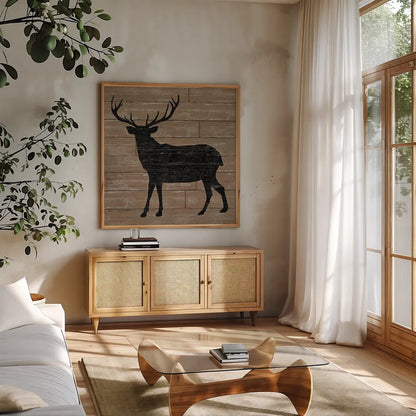 Lake Lodge II Brown no Words by Sue Schlabach. Shown in a natural wood frame in a cozy modern living room. Available as an archival giclee rolled canvas, fine art paper, or poster print. SKU 27722a.