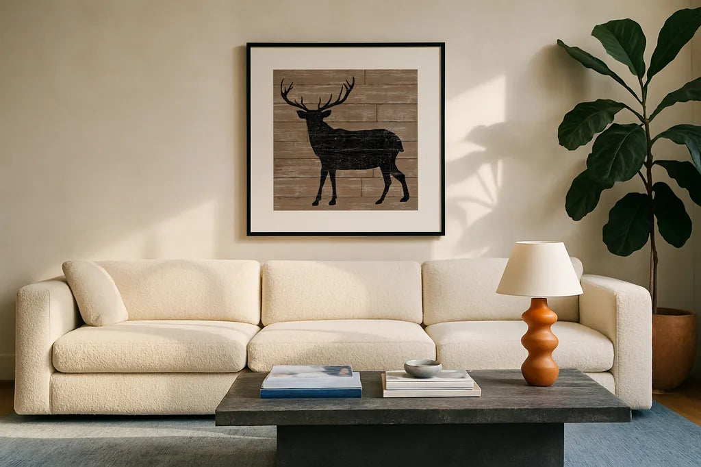 Lake Lodge II Brown no Words by Sue Schlabach. Displayed in a glass frame with matte in a clean modern living room. Available as an archival giclee rolled canvas, fine art paper, or poster print. SKU 27722a.