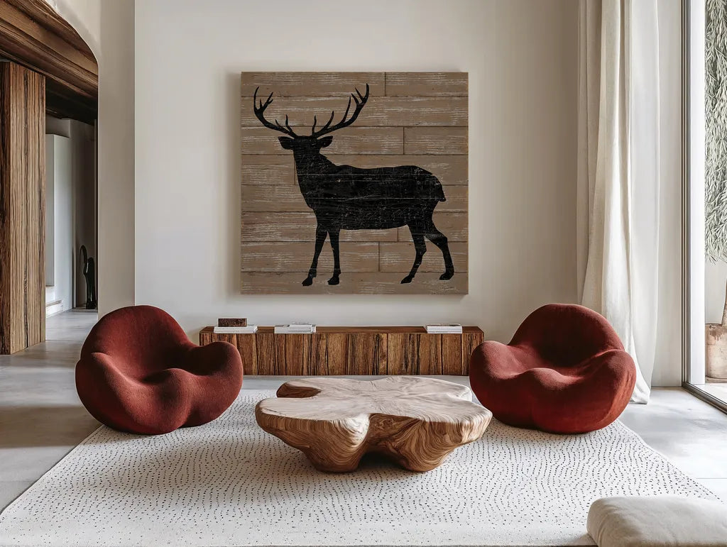 Lake Lodge II Brown no Words by Sue Schlabach. Shown as extra-large giant wall art in a modern living room. Available as an archival giclee rolled canvas, fine art paper, or poster print. SKU 27722a.