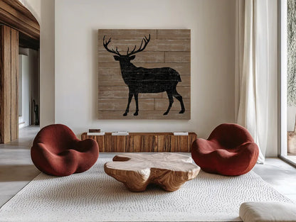 Lake Lodge II Brown no Words by Sue Schlabach. Shown as extra-large giant wall art in a modern living room. Available as an archival giclee rolled canvas, fine art paper, or poster print. SKU 27722a.