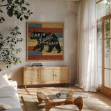 Lake Lodge IV by Sue Schlabach. Shown in a natural wood frame in a cozy modern living room. Available as an archival giclee rolled canvas, fine art paper, or poster print. SKU 22267a.