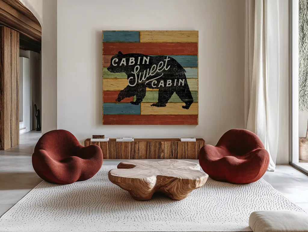 Lake Lodge IV by Sue Schlabach. Shown as extra-large giant wall art in a modern living room. Available as an archival giclee rolled canvas, fine art paper, or poster print. SKU 22267a.
