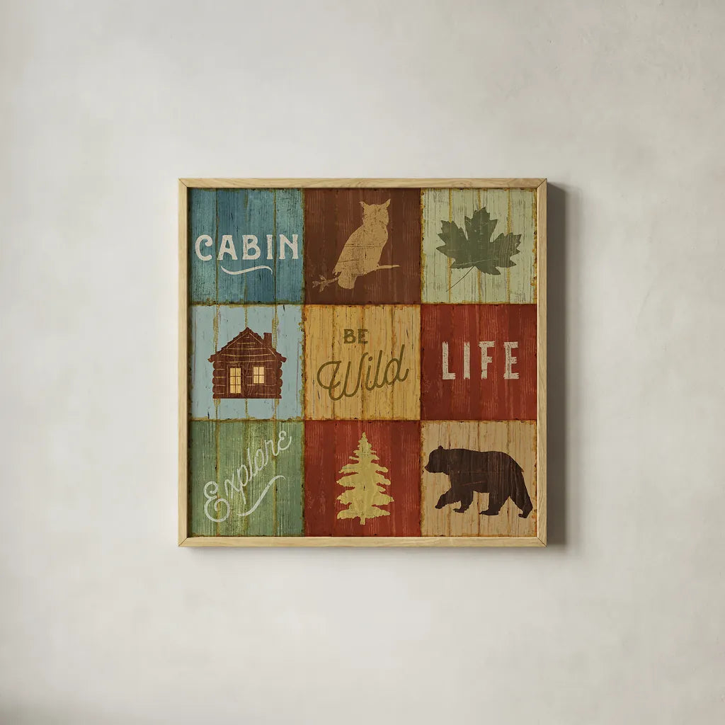 Lake Lodge VIII by Sue Schlabach. Shown in a natural wood glass frame for a timeless modern aesthetic. Available as an archival giclee rolled canvas, fine art paper, or poster print. SKU 22271a.