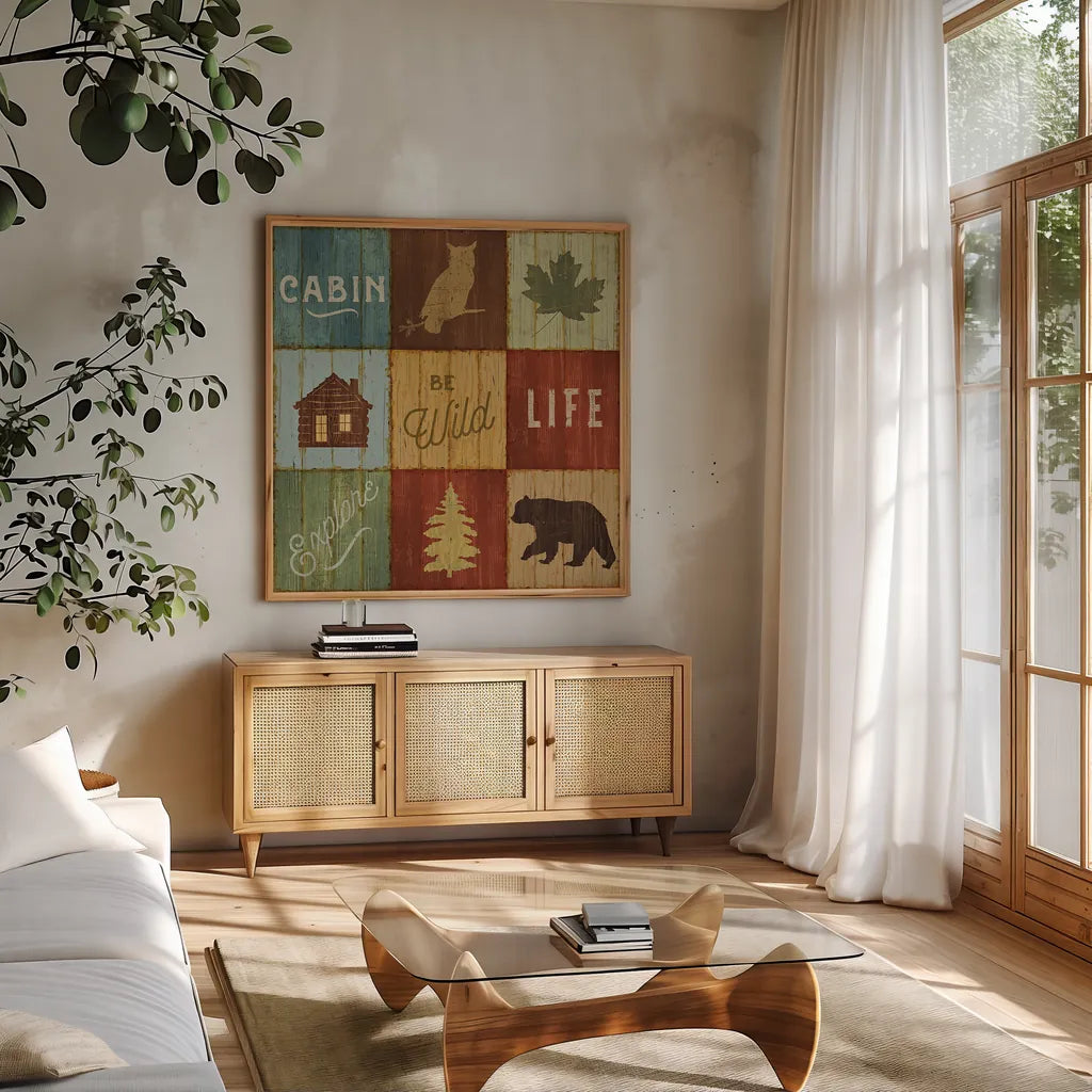 Lake Lodge VIII by Sue Schlabach. Shown in a natural wood frame in a cozy modern living room. Available as an archival giclee rolled canvas, fine art paper, or poster print. SKU 22271a.