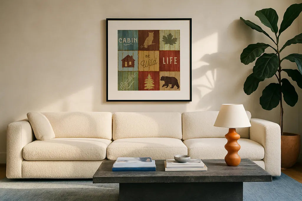 Lake Lodge VIII by Sue Schlabach. Displayed in a glass frame with matte in a clean modern living room. Available as an archival giclee rolled canvas, fine art paper, or poster print. SKU 22271a.