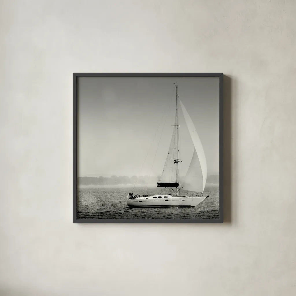 Lake Sail Square I by Sue Schlabach. Shown in a sleek black glass frame for a contemporary gallery look. Available as an archival giclee rolled canvas, fine art paper, or poster print. SKU 44565a.