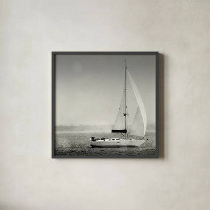 Lake Sail Square I by Sue Schlabach. Shown in a sleek black glass frame for a contemporary gallery look. Available as an archival giclee rolled canvas, fine art paper, or poster print. SKU 44565a.