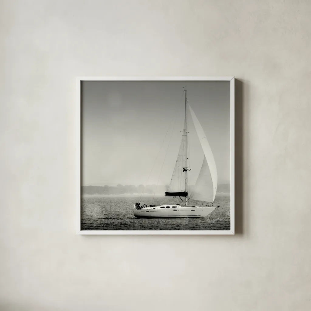 Lake Sail Square I by Sue Schlabach. Shown in a crisp white glass frame for a clean and minimalist style. Available as an archival giclee rolled canvas, fine art paper, or poster print. SKU 44565a.