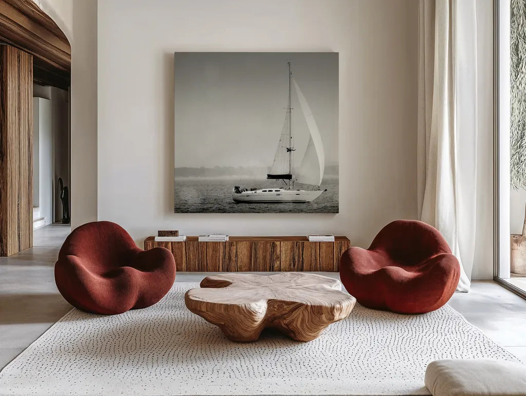 Lake Sail Square I by Sue Schlabach. Shown as extra-large giant wall art in a modern living room. Available as an archival giclee rolled canvas, fine art paper, or poster print. SKU 44565a.