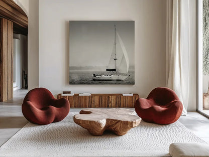 Lake Sail Square I by Sue Schlabach. Shown as extra-large giant wall art in a modern living room. Available as an archival giclee rolled canvas, fine art paper, or poster print. SKU 44565a.