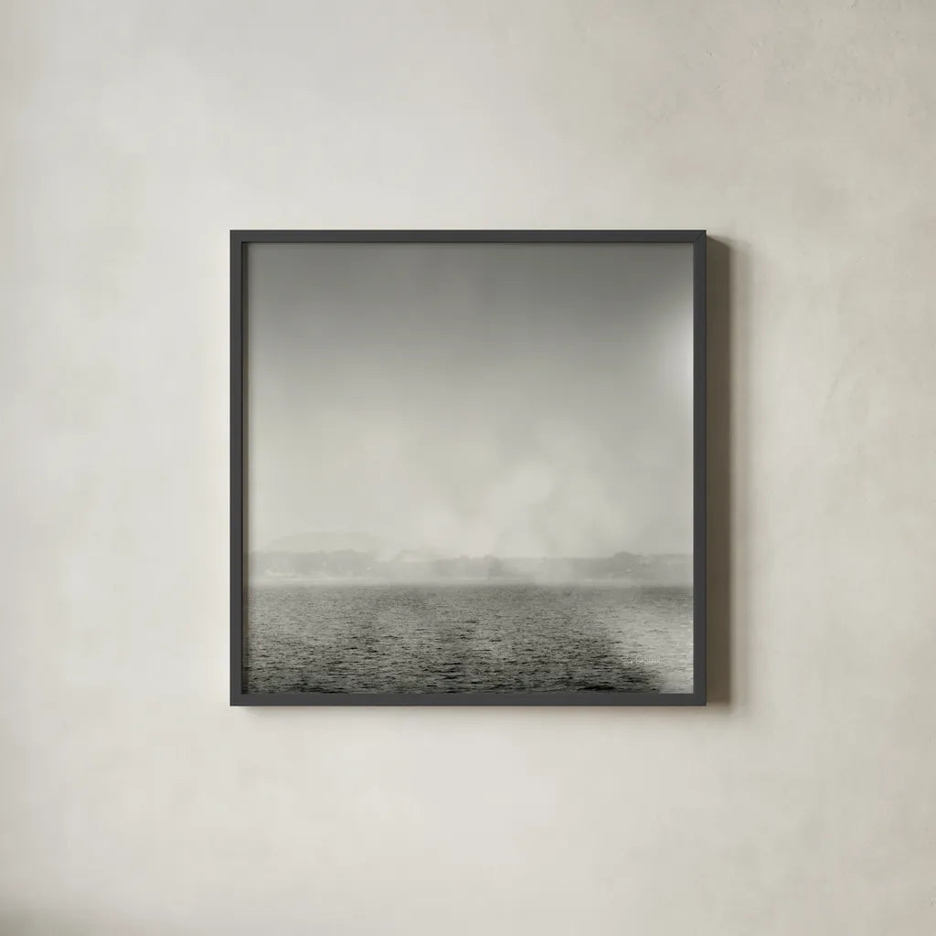 Lake Sail Square III by Sue Schlabach. Shown in a sleek black glass frame for a contemporary gallery look. Available as an archival giclee rolled canvas, fine art paper, or poster print. SKU 44567a.