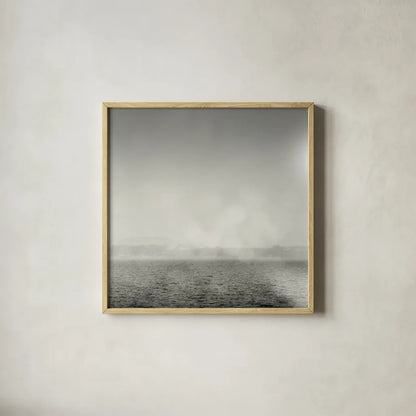 Lake Sail Square III by Sue Schlabach. Shown in a natural wood glass frame for a timeless modern aesthetic. Available as an archival giclee rolled canvas, fine art paper, or poster print. SKU 44567a.