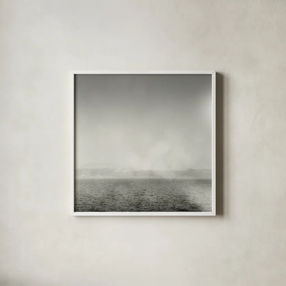 Lake Sail Square III by Sue Schlabach. Shown in a crisp white glass frame for a clean and minimalist style. Available as an archival giclee rolled canvas, fine art paper, or poster print. SKU 44567a.