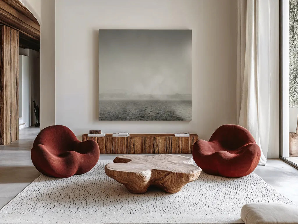 Lake Sail Square III by Sue Schlabach. Shown as extra-large giant wall art in a modern living room. Available as an archival giclee rolled canvas, fine art paper, or poster print. SKU 44567a.