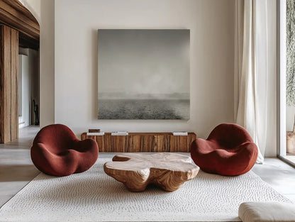 Lake Sail Square III by Sue Schlabach. Shown as extra-large giant wall art in a modern living room. Available as an archival giclee rolled canvas, fine art paper, or poster print. SKU 44567a.