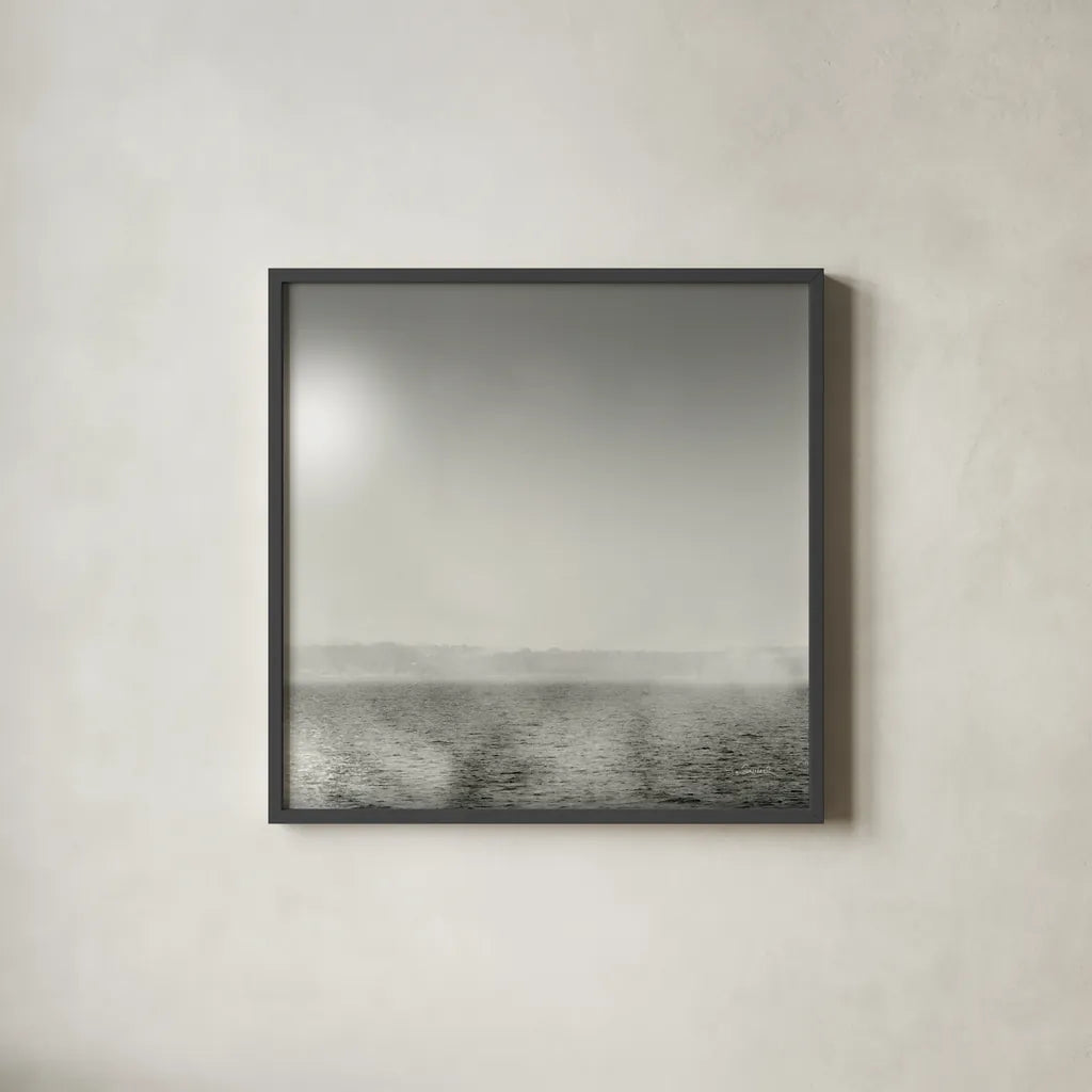 Lake Sail Square IV by Sue Schlabach. Shown in a sleek black glass frame for a contemporary gallery look. Available as an archival giclee rolled canvas, fine art paper, or poster print. SKU 44568a.
