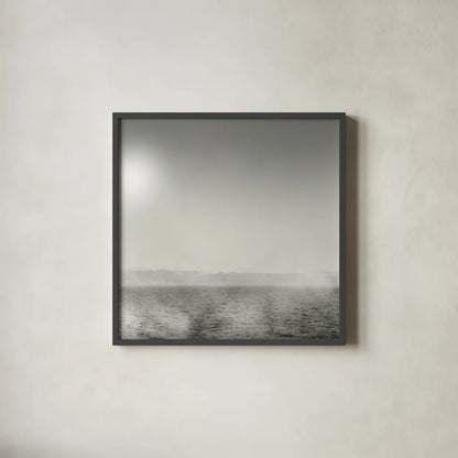 Lake Sail Square IV by Sue Schlabach. Shown in a sleek black glass frame for a contemporary gallery look. Available as an archival giclee rolled canvas, fine art paper, or poster print. SKU 44568a.