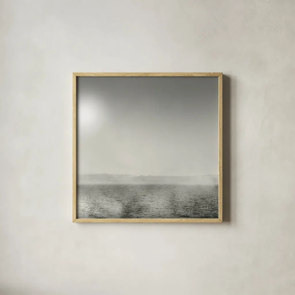 Lake Sail Square IV by Sue Schlabach. Shown in a natural wood glass frame for a timeless modern aesthetic. Available as an archival giclee rolled canvas, fine art paper, or poster print. SKU 44568a.