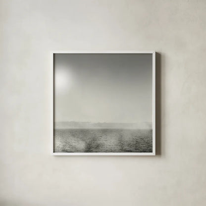 Lake Sail Square IV by Sue Schlabach. Shown in a crisp white glass frame for a clean and minimalist style. Available as an archival giclee rolled canvas, fine art paper, or poster print. SKU 44568a.