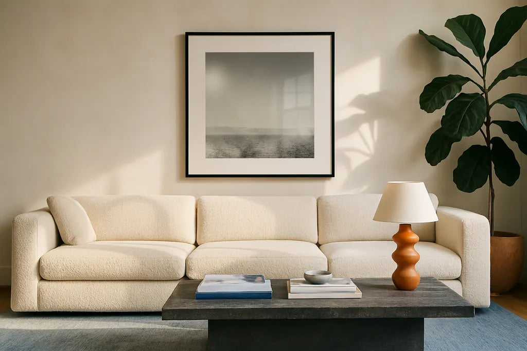Lake Sail Square IV by Sue Schlabach. Displayed in a glass frame with matte in a clean modern living room. Available as an archival giclee rolled canvas, fine art paper, or poster print. SKU 44568a.
